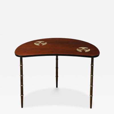  Mastercraft Mid Century Walnut Brass Bow Front Table with Organic Detailing by Mastercraft