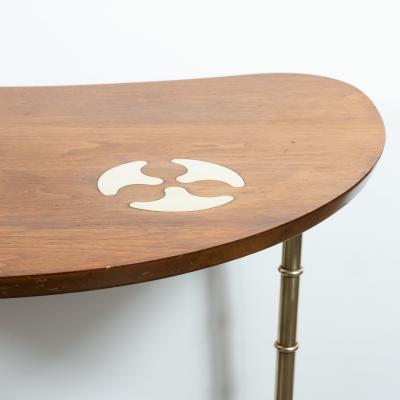 Mastercraft Midcentury Organic Inlaid Brass Walnut Bowfront Side End Table by Mastercraft