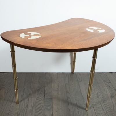 Mastercraft Midcentury Organic Inlaid Brass Walnut Bowfront Side End Table by Mastercraft