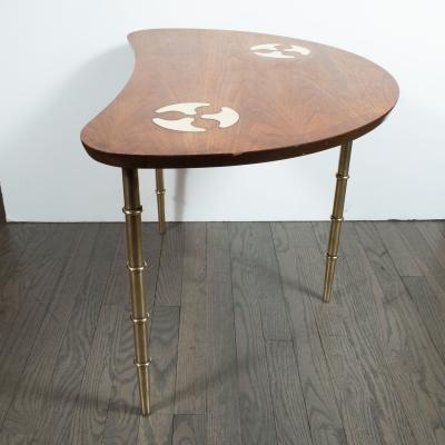 Mastercraft Midcentury Organic Inlaid Brass Walnut Bowfront Side End Table by Mastercraft