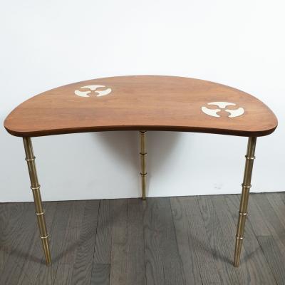Mastercraft Midcentury Organic Inlaid Brass Walnut Bowfront Side End Table by Mastercraft
