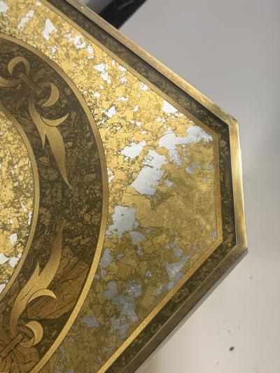  Mastercraft OCTAGONAL GOLD EGLOMAISE TOP BURLWOOD TABLES BRASS BALL FEET BY MASTERCRAFT