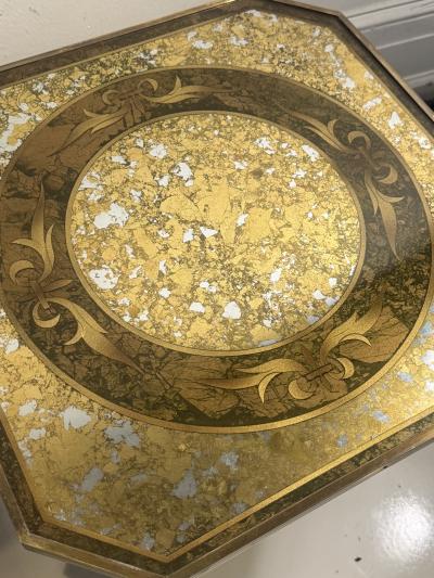  Mastercraft OCTAGONAL GOLD EGLOMAISE TOP BURLWOOD TABLES BRASS BALL FEET BY MASTERCRAFT
