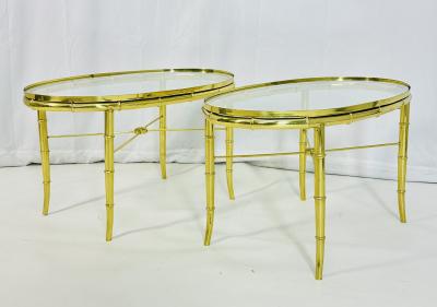  Mastercraft Pair of Faux Bamboo Brass Glass Oval Side Tables in the style of Mastercraft