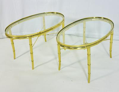  Mastercraft Pair of Faux Bamboo Brass Glass Oval Side Tables in the style of Mastercraft