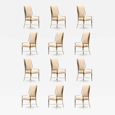  Mastercraft Set of 12 Mastercraft Brass Imperial Dining Chairs in New Ivory Camel Boucl 