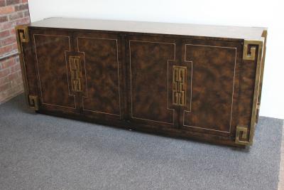  Mastercraft Vintage Elm Burl and Brass Greek Key Credenza by William Doezema for Mastercraft
