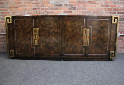  Mastercraft Vintage Elm Burl and Brass Greek Key Credenza by William Doezema for Mastercraft