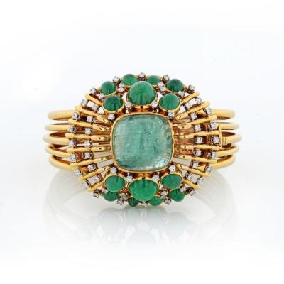 Mauboussin MAUBOUSSIN VINTAGE 18K YELLOW GOLD CABOCHON GREEN EMERALD CUFF BANGLE BRACELET