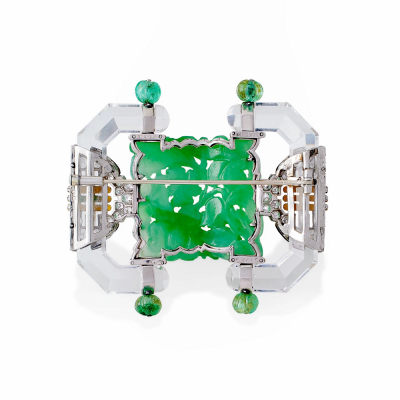  Mauboussin Mauboussin Paris Carved Rock Crystal Jadeite and Emerald Brooch
