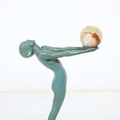  Max Le Verrier Art Deco Sculptural Onyx Veria Green Marble Nude Flapper signed Max le Verrier