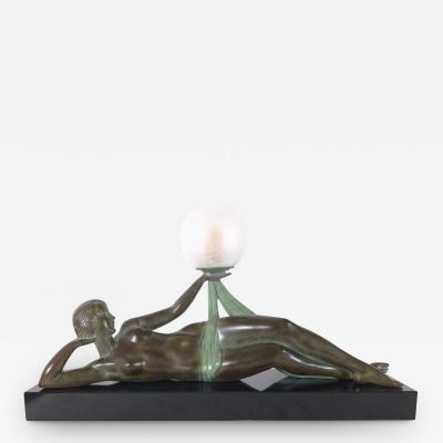  Max Le Verrier Aube Art Deco Style Sculpture Lying Nude with Lighted Ball by Max Le Verrier