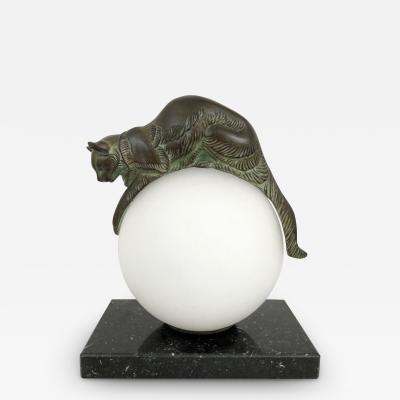  Max Le Verrier French Table Lamp Equilibre a Cat on a Glass Ball by Gaillard for Max Le Verrier