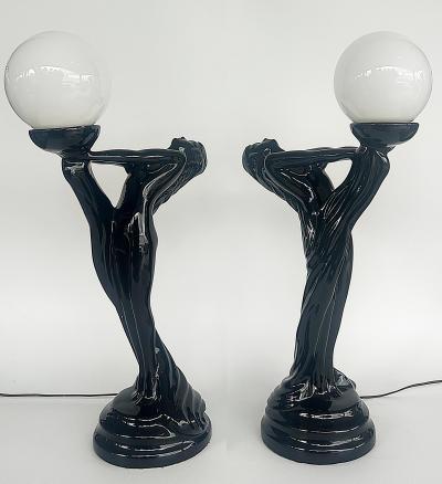 Max Le Verrier Large Art Deco Le Verrier Style Ceramic Table Lamps Frosted Glass Shades Pair