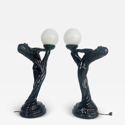 Max Le Verrier Large Art Deco Le Verrier Style Ceramic Table Lamps Frosted Glass Shades Pair