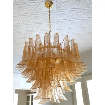 Mazzega Murano Clear and Gold Petali Selle Murano Glass Chandelier in Mazzega Style
