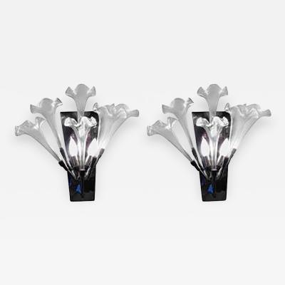  Mazzega Murano Exceptional Pair of 1970s Modernist Murano Glass Flower Form Sconces