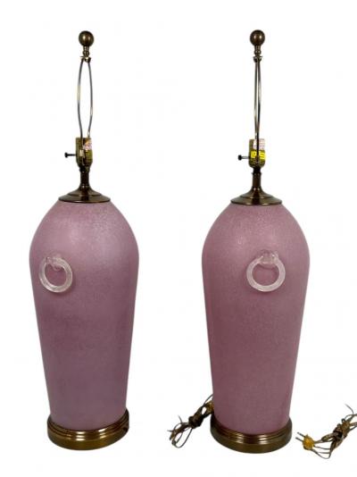  Mazzega Murano ITALIAN POST MODERNIST PINK SCAVO MURANO GLASS LAMPS WITH CLEAR RING ACCENTS