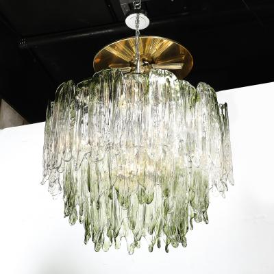  Mazzega Murano Mid Century 3 Tier Hand Blown Murano Green Glass Fiamme Chandelier by Mazzega