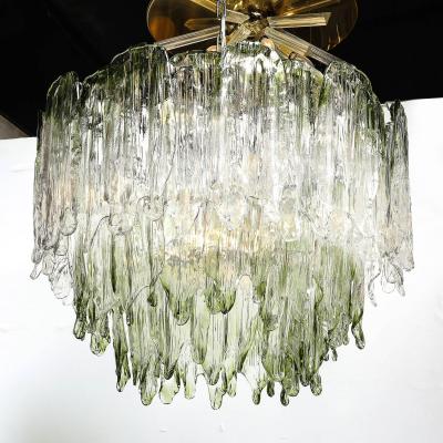  Mazzega Murano Mid Century 3 Tier Hand Blown Murano Green Glass Fiamme Chandelier by Mazzega