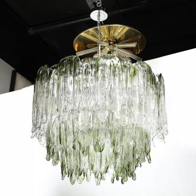  Mazzega Murano Mid Century 3 Tier Hand Blown Murano Green Glass Fiamme Chandelier by Mazzega