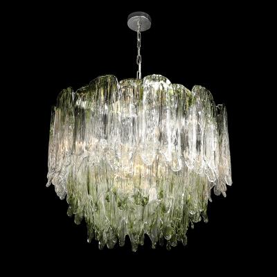  Mazzega Murano Mid Century 3 Tier Hand Blown Murano Green Glass Fiamme Chandelier by Mazzega