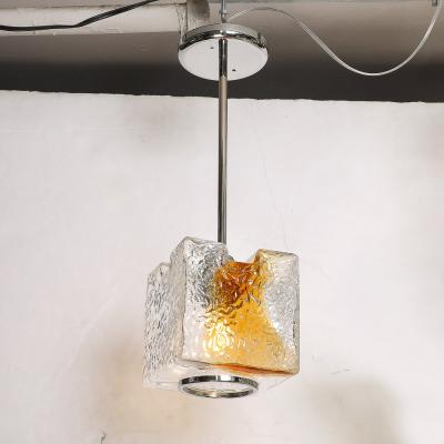 Mazzega Murano Mid Century Hand Blown Amber Murano Glass w Chrome Pendant Chandelier