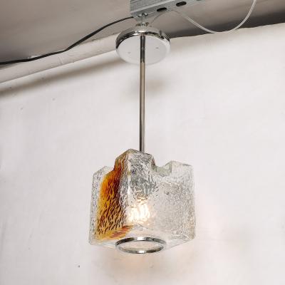 Mazzega Murano Mid Century Hand Blown Amber Murano Glass w Chrome Pendant Chandelier