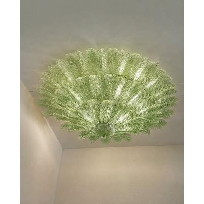  Mazzega Murano Monumental Imperial Luxury Venetian Green Leaves Graniglia Murano Glass Flush
