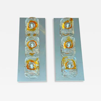  Mazzega Murano Murano ice glass and chrome wall light sconces by Mazzega