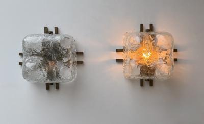  Mazzega Murano Pair of Sconces Blumpy Ice Murano Glass and Brass by Mazzega Italy 1970s