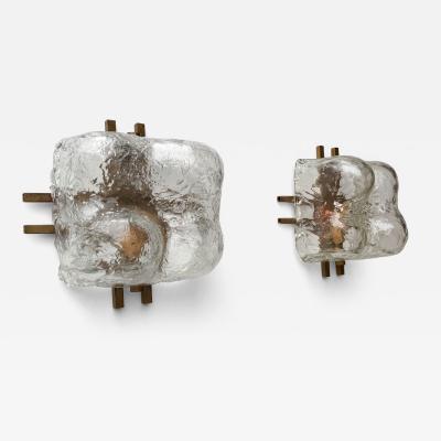  Mazzega Murano Pair of Sconces Blumpy Ice Murano Glass and Brass by Mazzega Italy 1970s