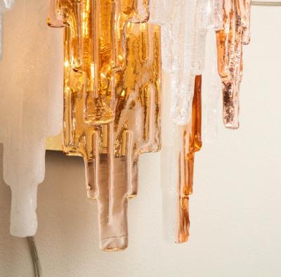  Mazzega Murano Pair of Vintage Murano Hanging Glass Wall Lights in Amber and Ice Frost