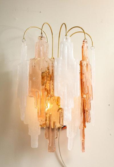  Mazzega Murano Pair of Vintage Murano Hanging Glass Wall Lights in Amber and Ice Frost