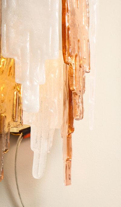  Mazzega Murano Pair of Vintage Murano Hanging Glass Wall Lights in Amber and Ice Frost