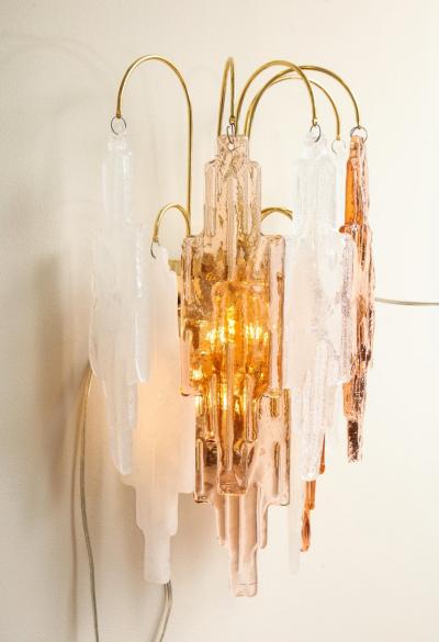  Mazzega Murano Pair of Vintage Murano Hanging Glass Wall Lights in Amber and Ice Frost
