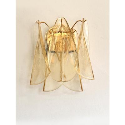  Mazzega Murano Set of Two Amber Rondini Murano Glass Gold Wall Sconce in Mazzega Style