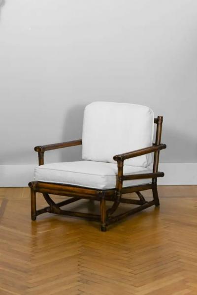  McGuire Furniture Armchair with pouf McGuire San Francisco 1970s