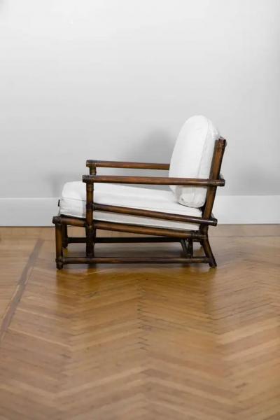  McGuire Furniture Armchair with pouf McGuire San Francisco 1970s