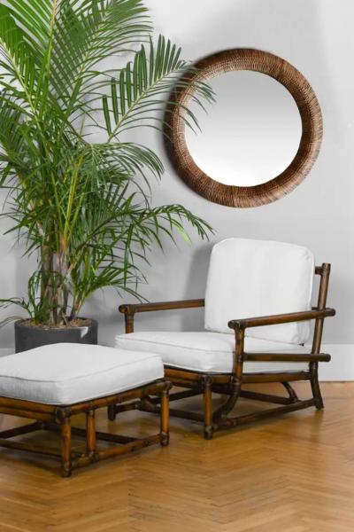  McGuire Furniture Armchair with pouf McGuire San Francisco 1970s