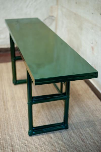  McGuire Furniture John and Elinor McGuire Green Lacquered Mcguire Console With Flip Top Surface San Francisco 1970