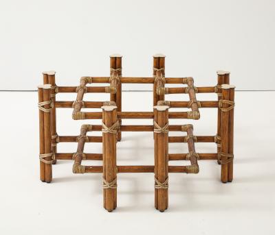 McGuire Furniture John and Elinor McGuire McGuire Bamboo Coffee Table Leather Straps Brass and Grey Glass Round Top