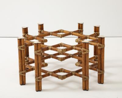 McGuire Furniture John and Elinor McGuire McGuire Bamboo Coffee Table Leather Straps Brass and Grey Glass Round Top