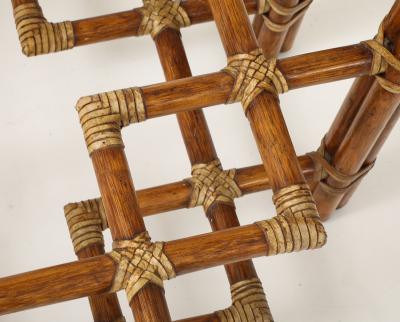 McGuire Furniture John and Elinor McGuire McGuire Bamboo Coffee Table Leather Straps Brass and Grey Glass Round Top