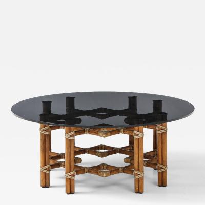  McGuire Furniture John and Elinor McGuire McGuire Bamboo Coffee Table Leather Straps Brass and Grey Glass Round Top