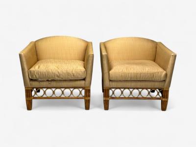  McGuire Furniture John and Elinor McGuire McGuire Bamboo Rattan Fabric Large Lounge Chairs USA 1960s