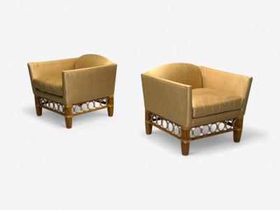  McGuire Furniture John and Elinor McGuire McGuire Bamboo Rattan Fabric Large Lounge Chairs USA 1960s