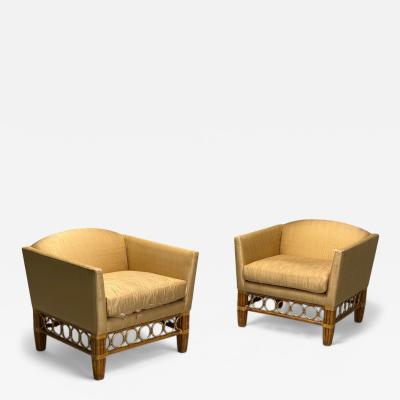  McGuire Furniture John and Elinor McGuire McGuire Bamboo Rattan Fabric Large Lounge Chairs USA 1960s