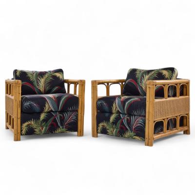  McGuire Furniture John and Elinor McGuire McGuire Style Mid Century Rattan Club Lounge Chairs Pair