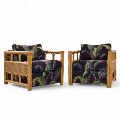  McGuire Furniture John and Elinor McGuire McGuire Style Mid Century Rattan Club Lounge Chairs Pair